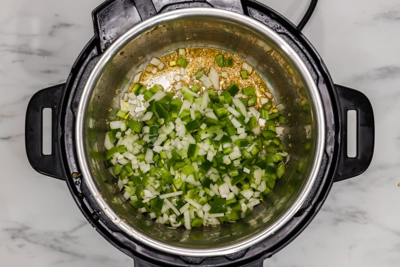 celery, bell peppers, and onion sauteed in an instant pot