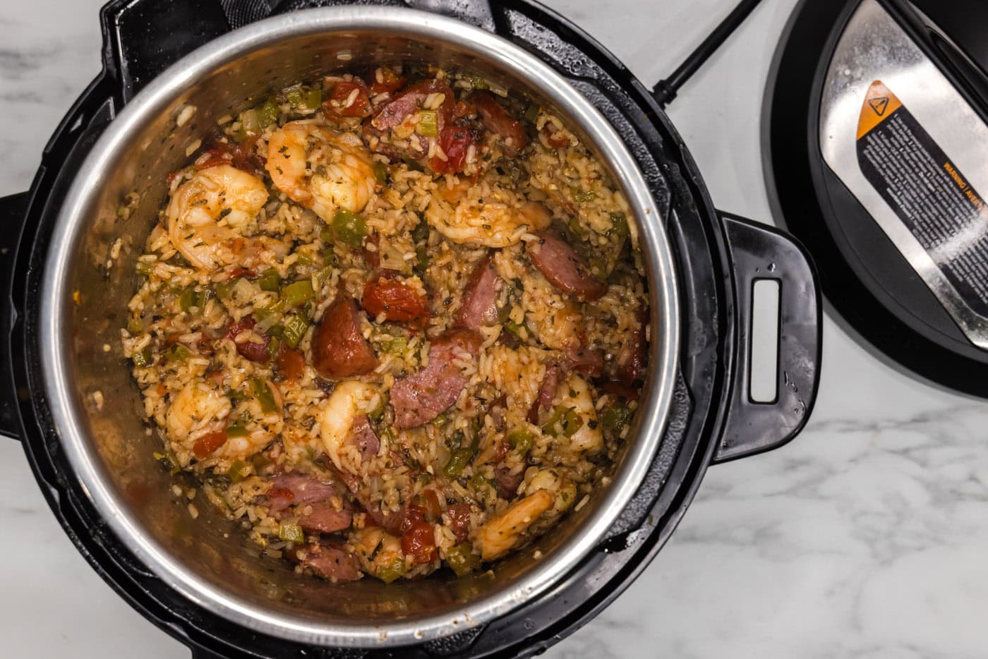 overhead of cooked jambalaya in an instant pot