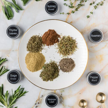 Plate of Poultry Seasoning ingredients with the spice jar lids to the side