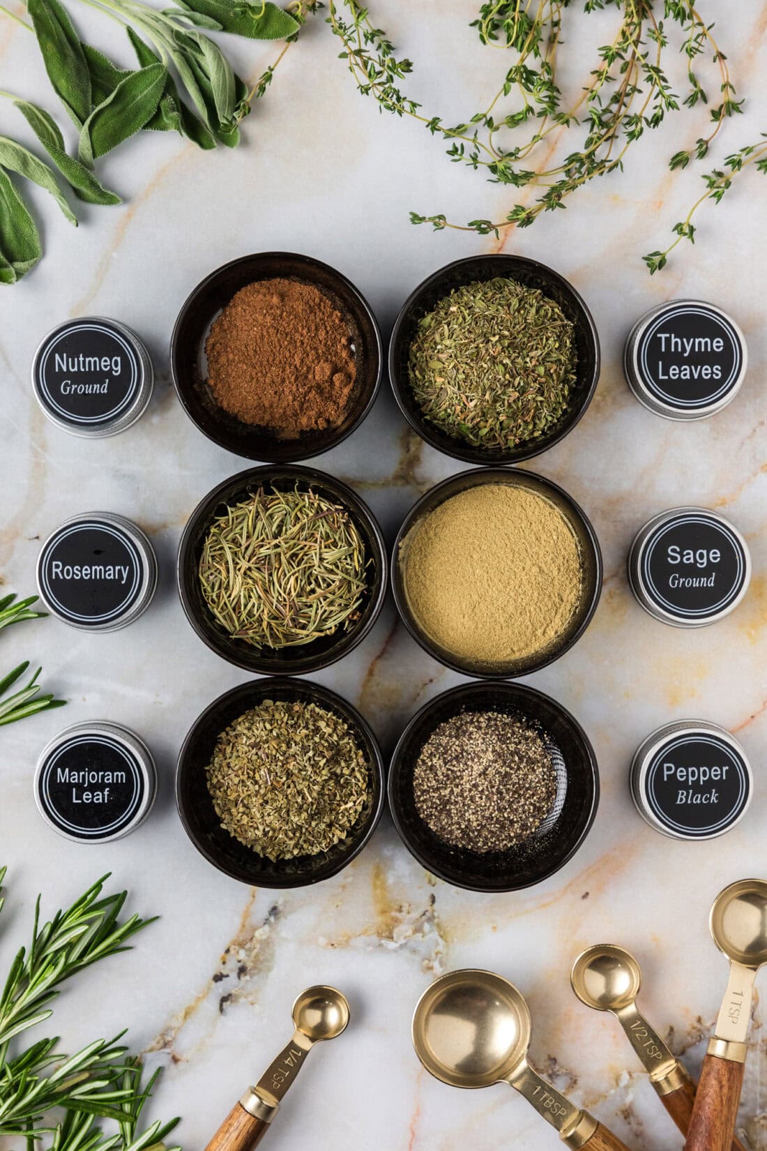 Bowls of Poultry Seasoning ingredients with the spice jar labels next to them