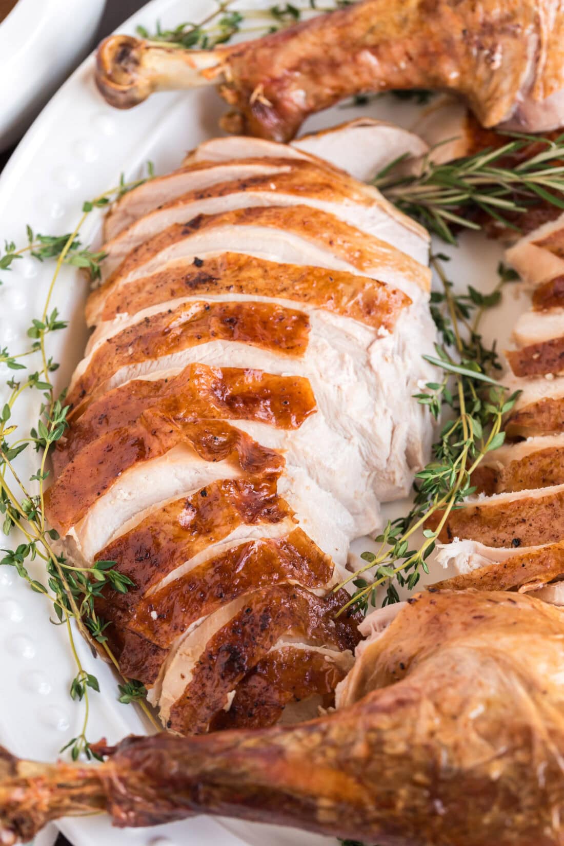 Close up photo of Roasted Turkey slices on a platter