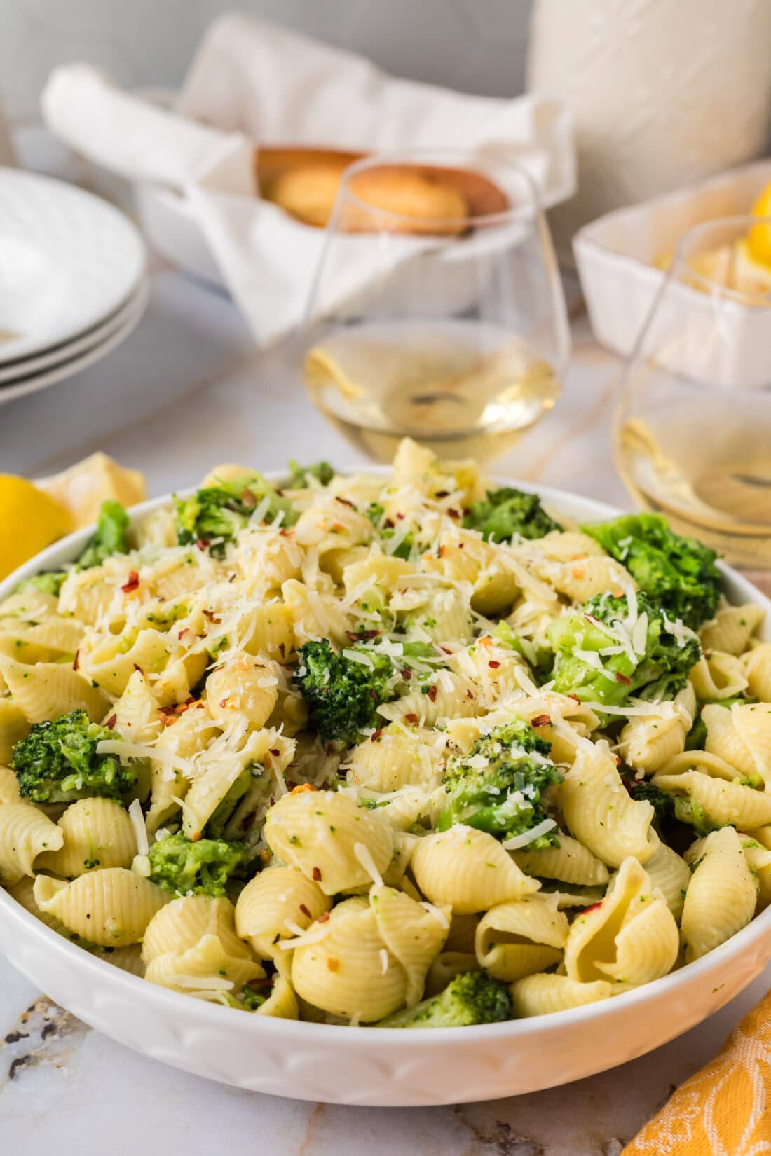 Close up photo of a bowl of Broccoli Pasta