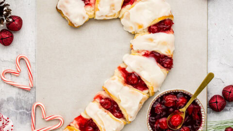 Close up photo of a Candy Cane Danish on parchment paper