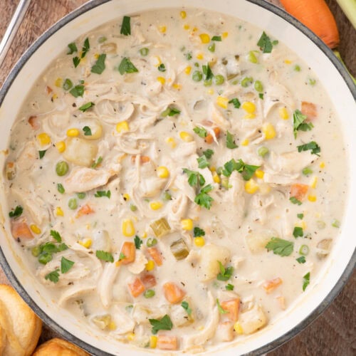 Close up photo of a pot of Chicken Pot Pie Soup