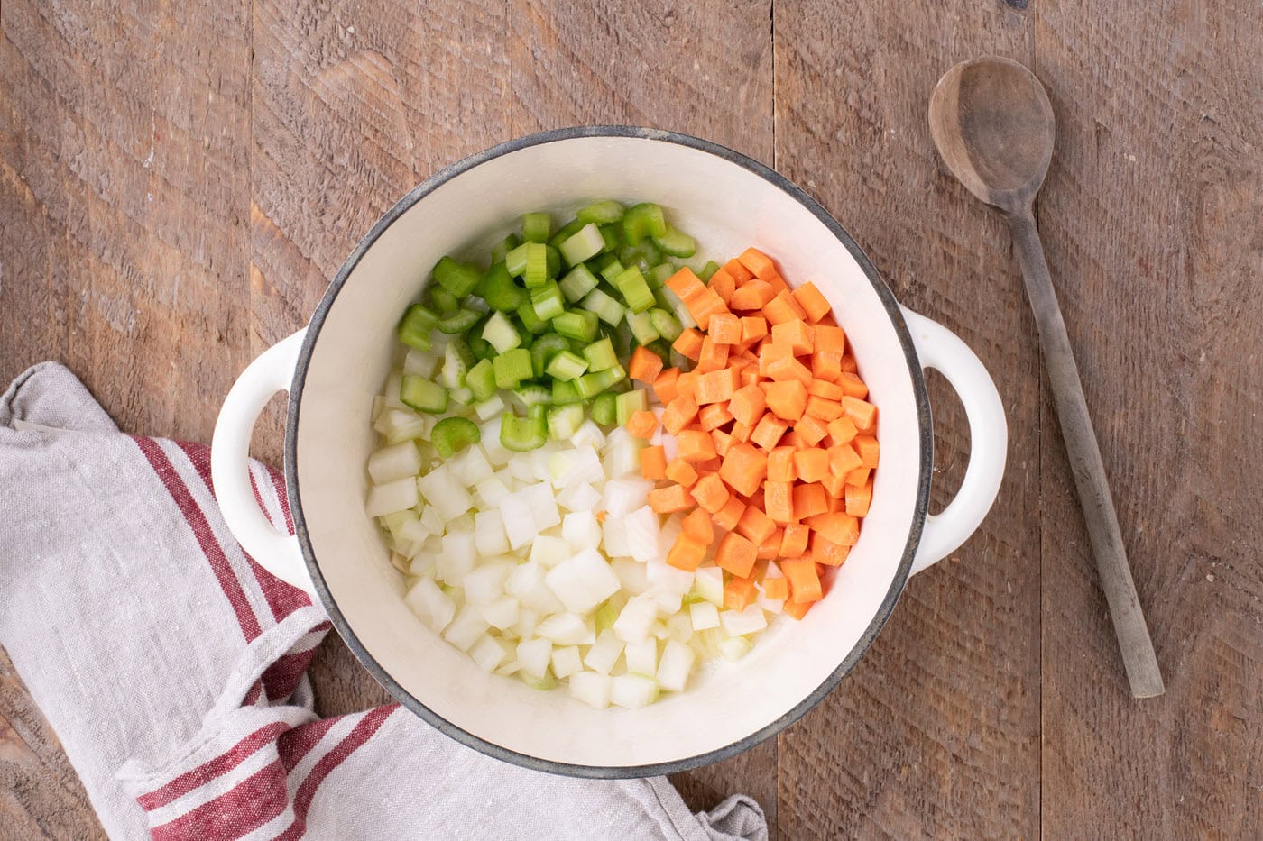 onions, carrots, and celery in a Dutch oven