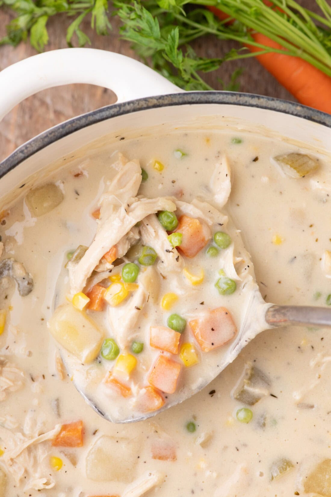 Ladle of Chicken Pot Pie Soup on a pot of Chicken Pot Pie Soup