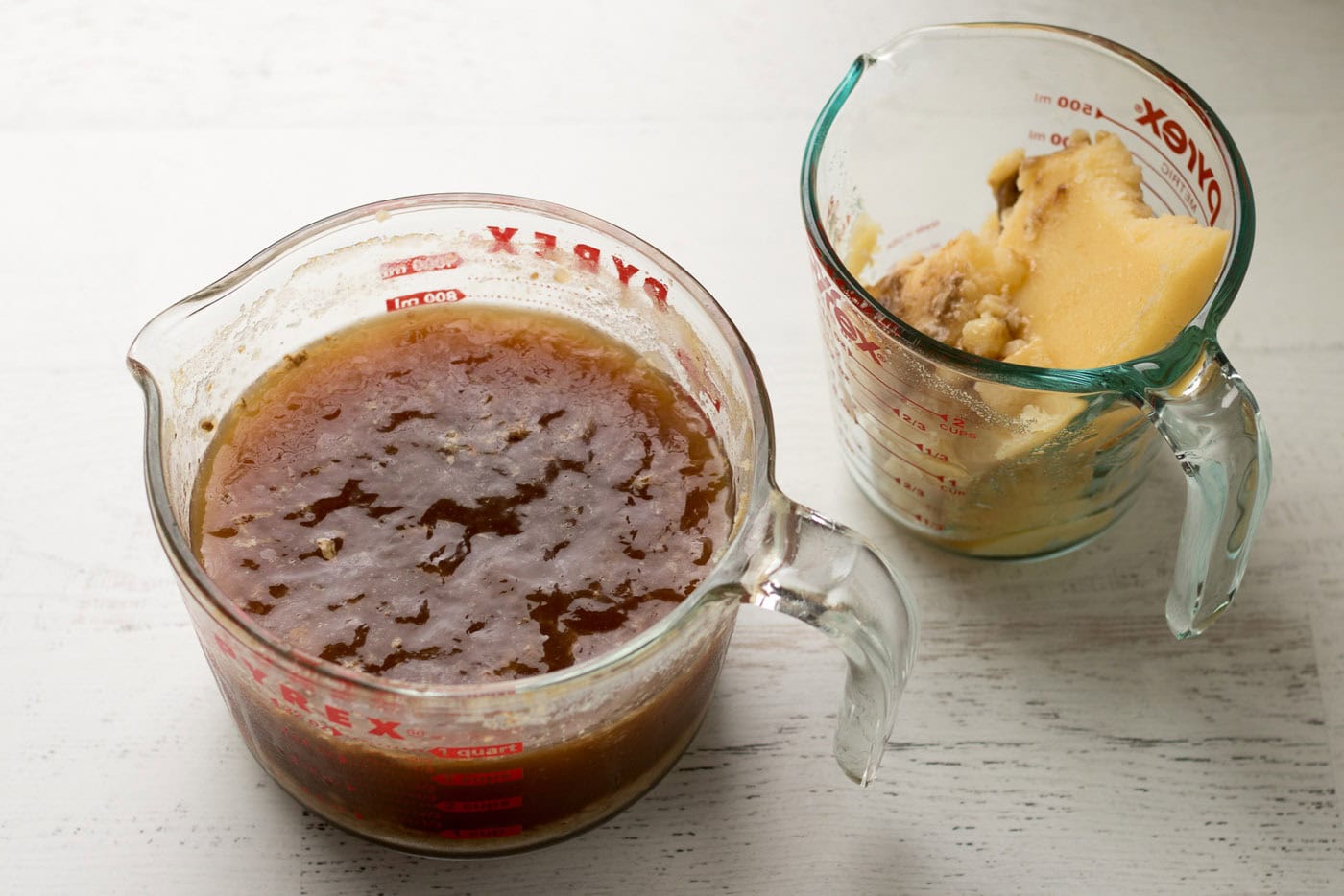 One liquid measuring cup of broth mixture and one liquid measuring cup of skimmed fat 