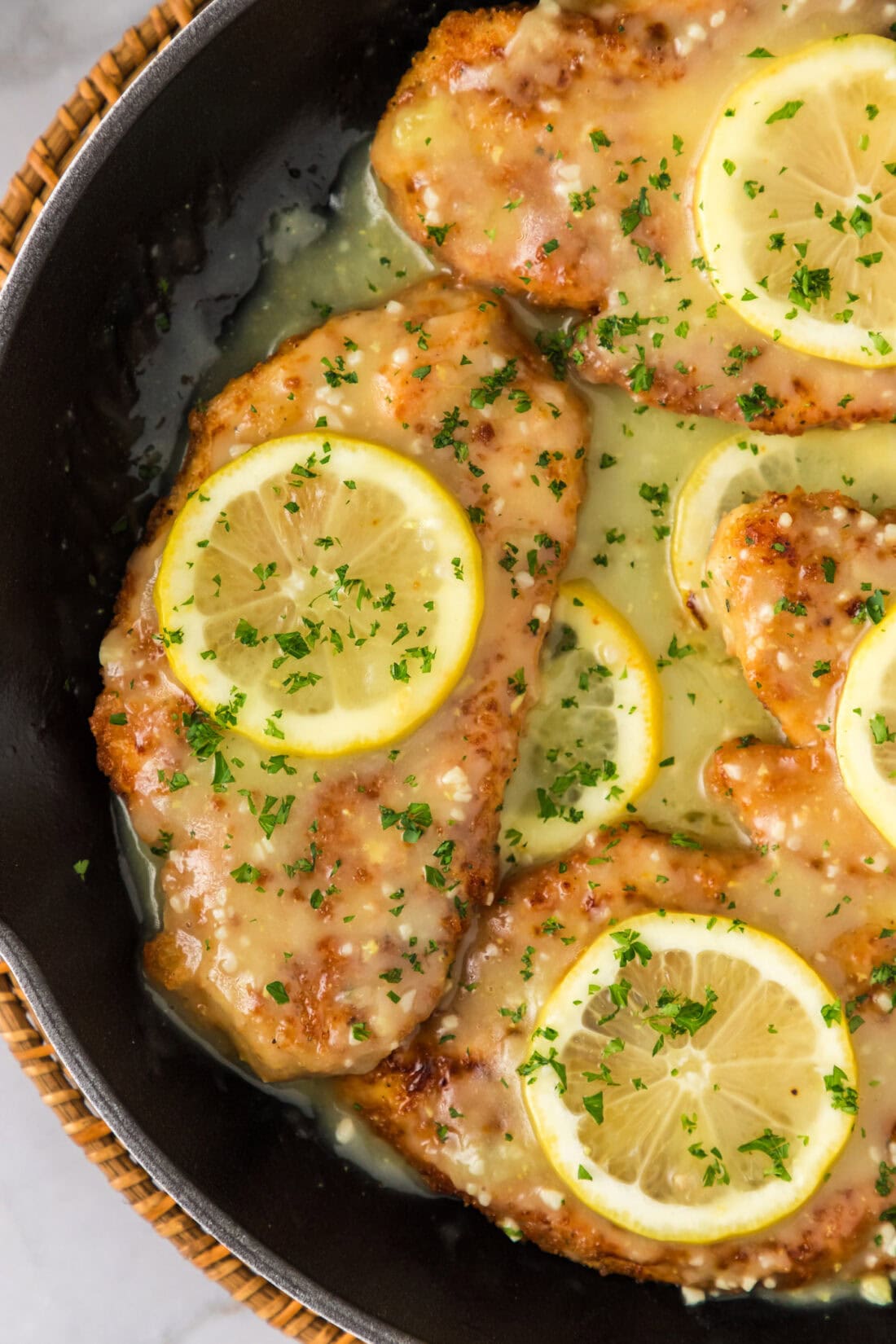 Close up image of Lemon Chicken in a skillet