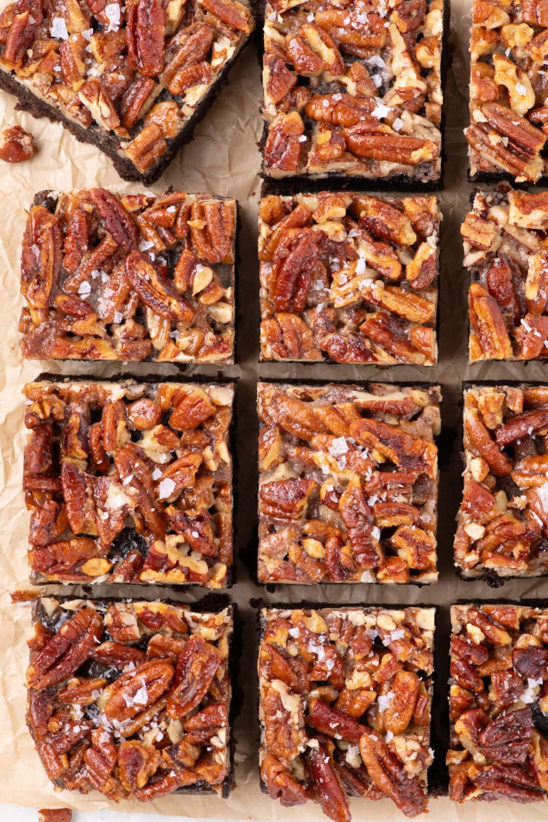 Overhead photo of Pecan Pie Brownies cut into squares 