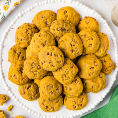 Close up photo of a plate of Pumpkin Cinnamon Chip Cookies