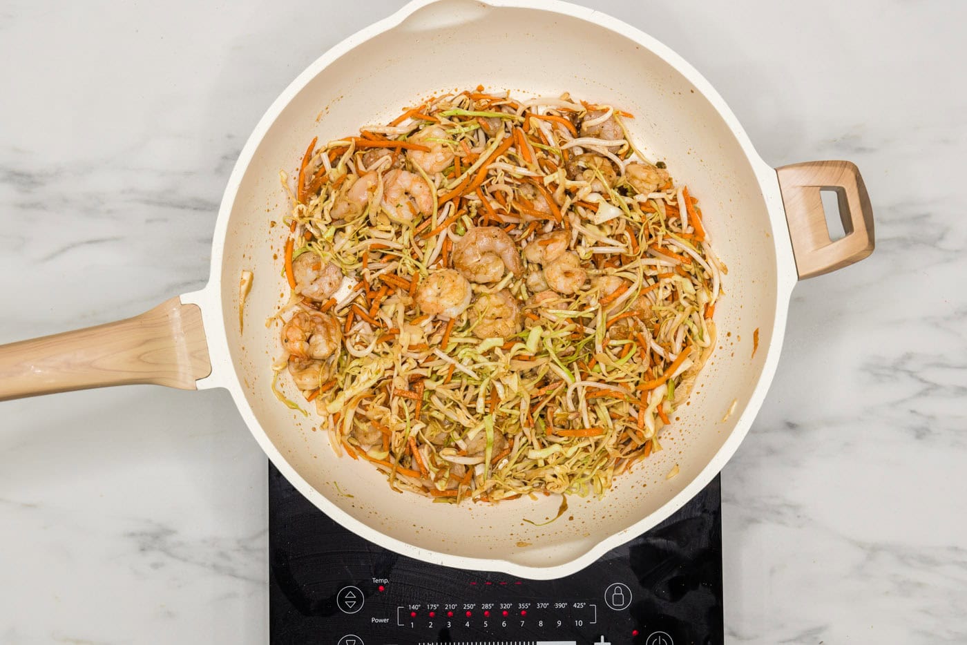 shrimp egg roll filling in a skillet