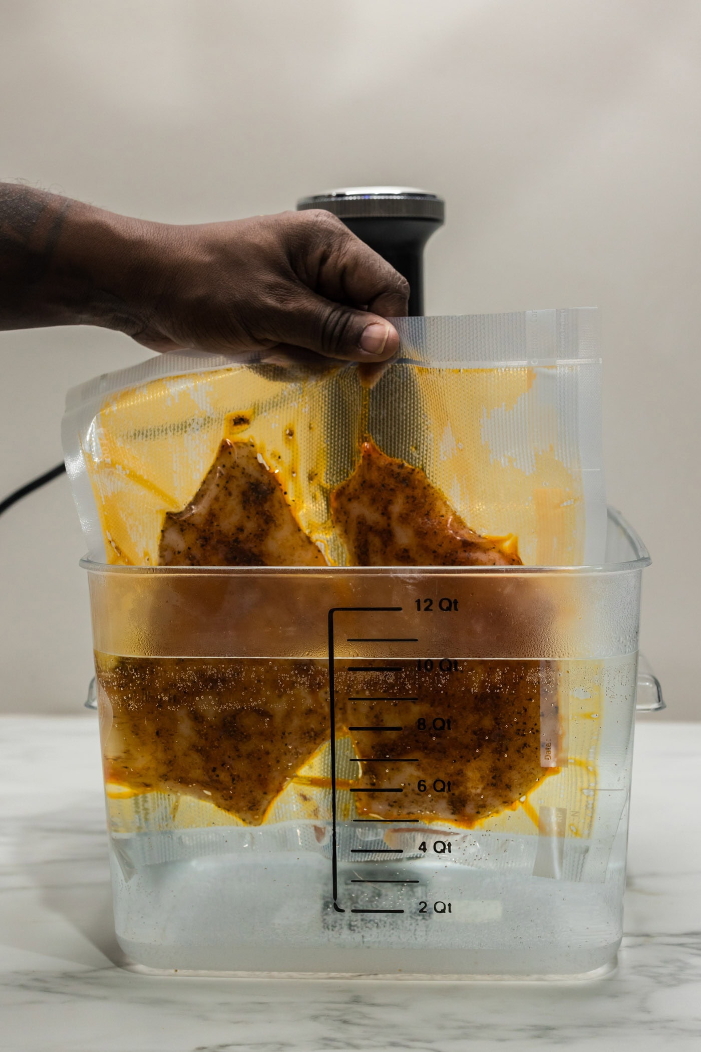 hand placing vacuum sealed bag into sous vide water cooker