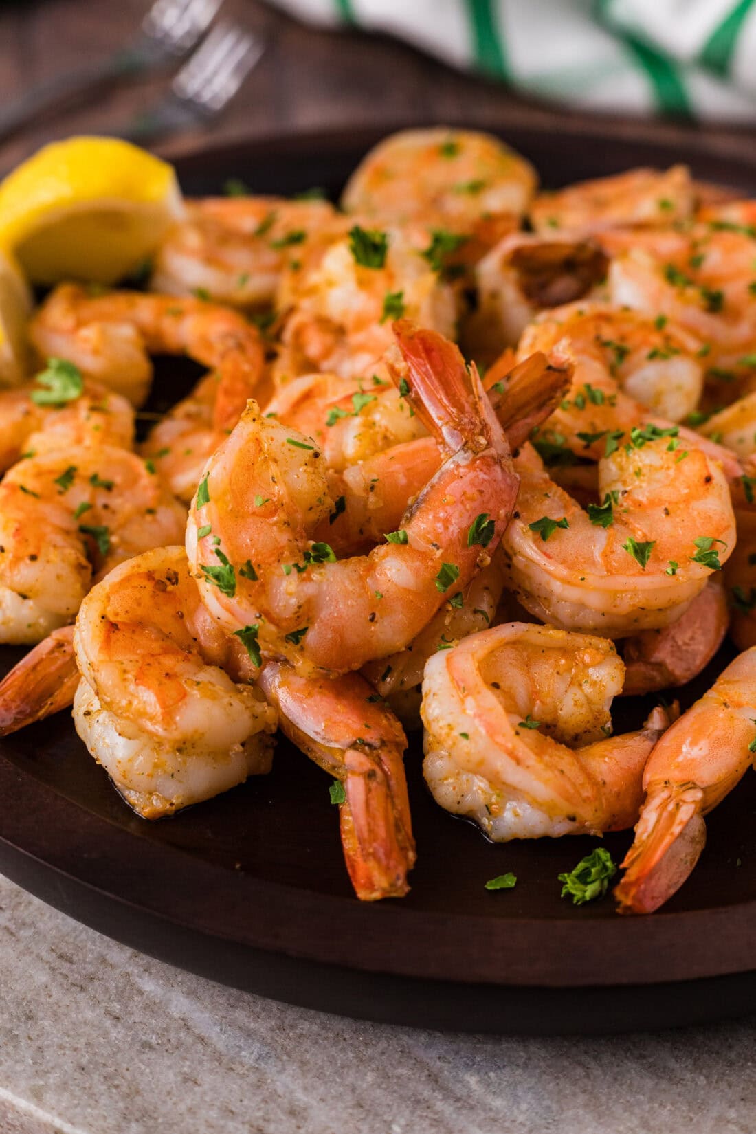 Close up photo of Steamed Shrimp piled on a plate