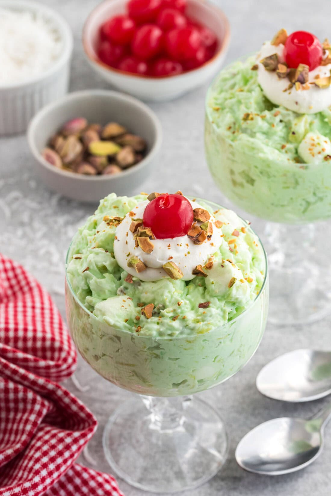 Sundae bowl filled with Watergate Salad 