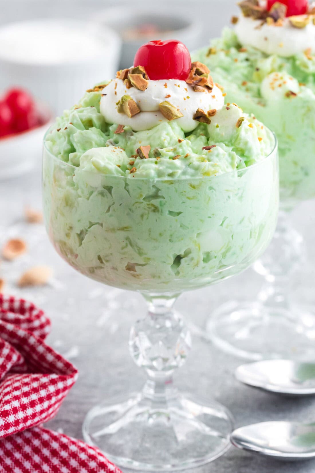 Close up photo of Watergate Salad in a sundae bowl