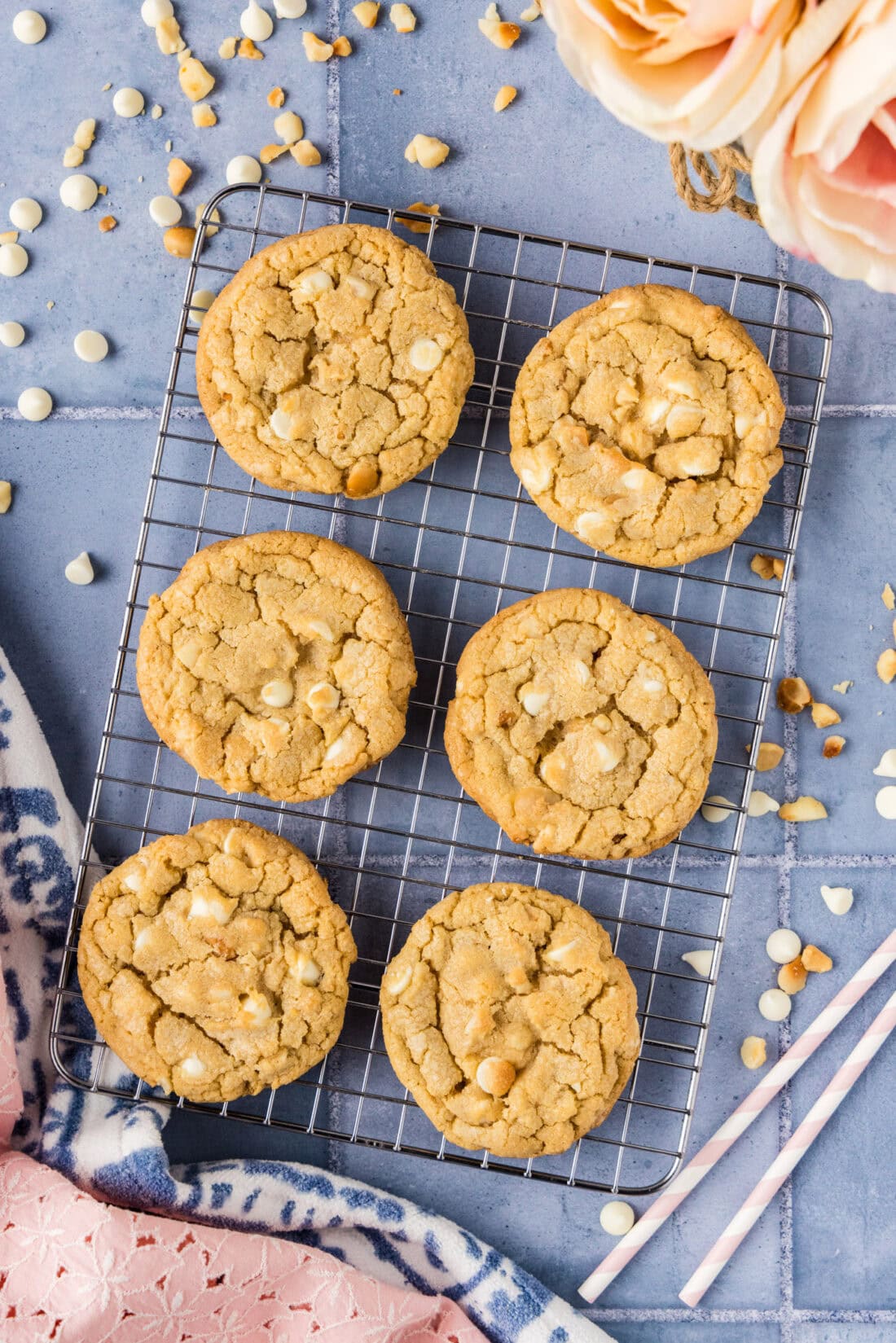 White Chocolate Macadamia Nut Cookies on a wire cooling rack