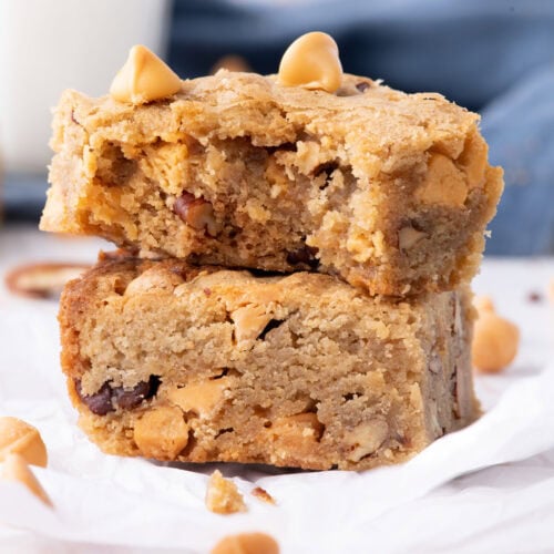 Stack of Butterscotch Brownies with a bite removed from the top one