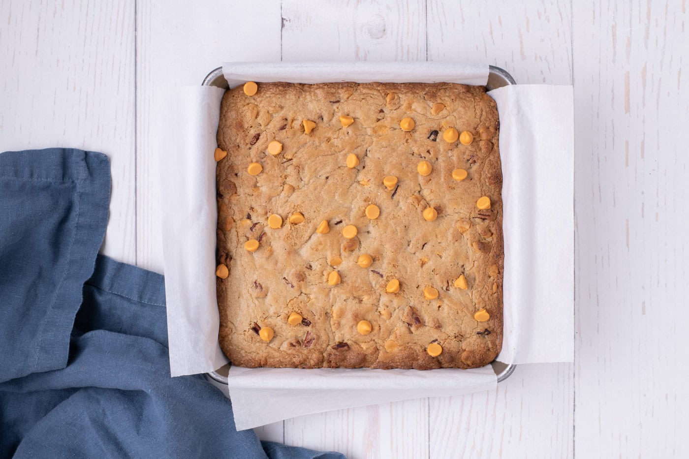 overhead of baked butterscotch brownies in a pan