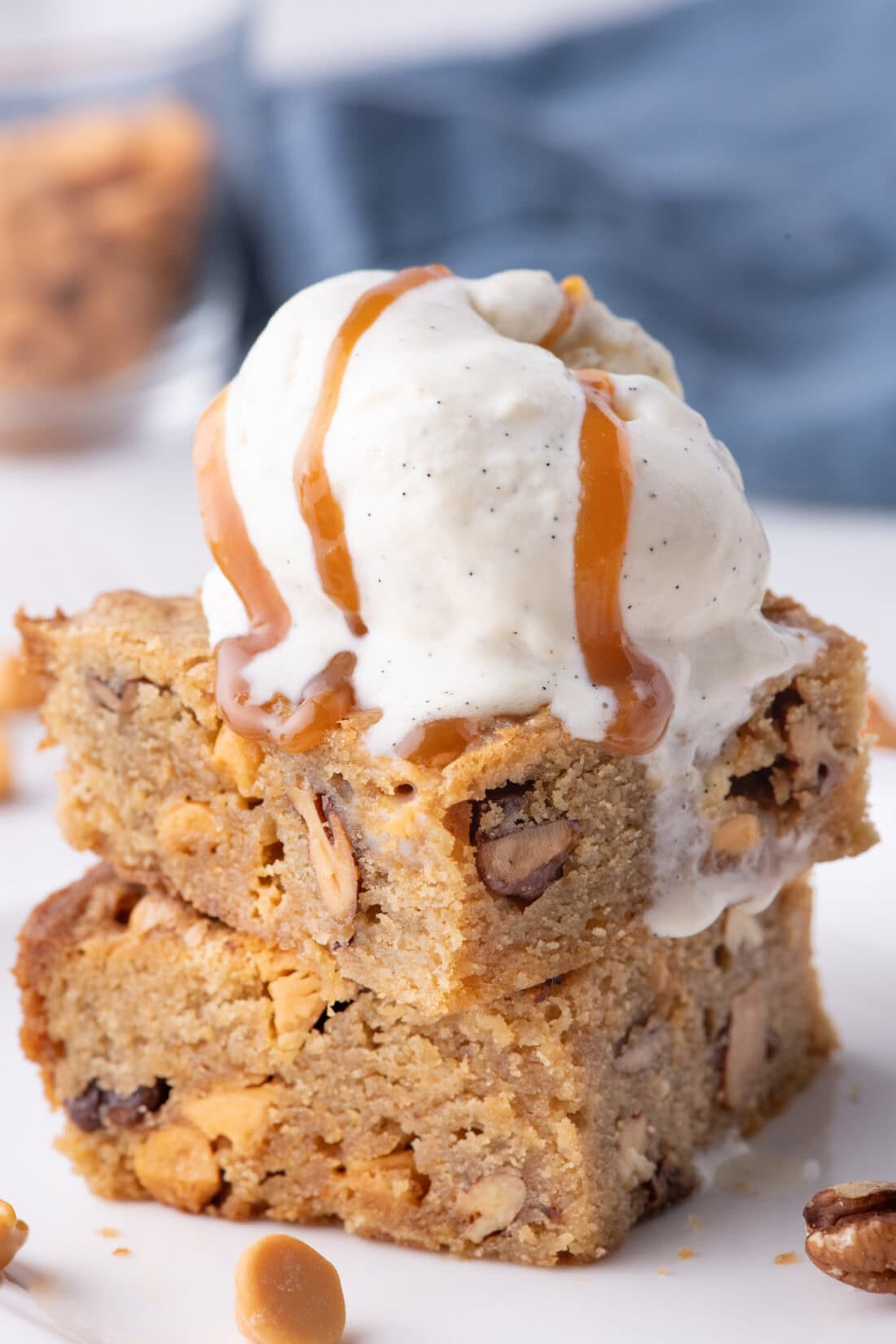 Stack of Butterscotch Brownies with a scoop of ice cream on top