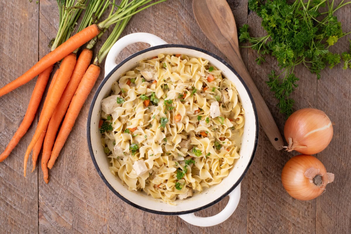 overhead of finished chicken pot pie pasta in a pot
