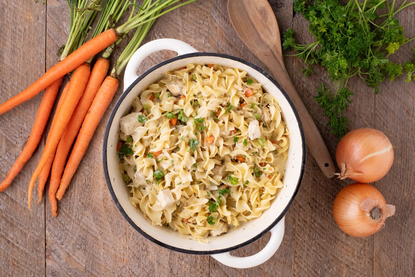 overhead of finished chicken pot pie pasta in a pot