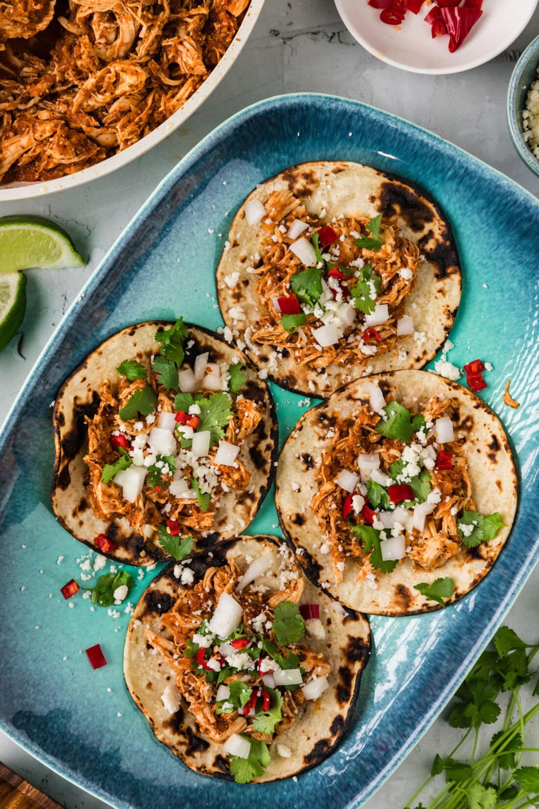 Platter of Chicken Tinga on tortillas