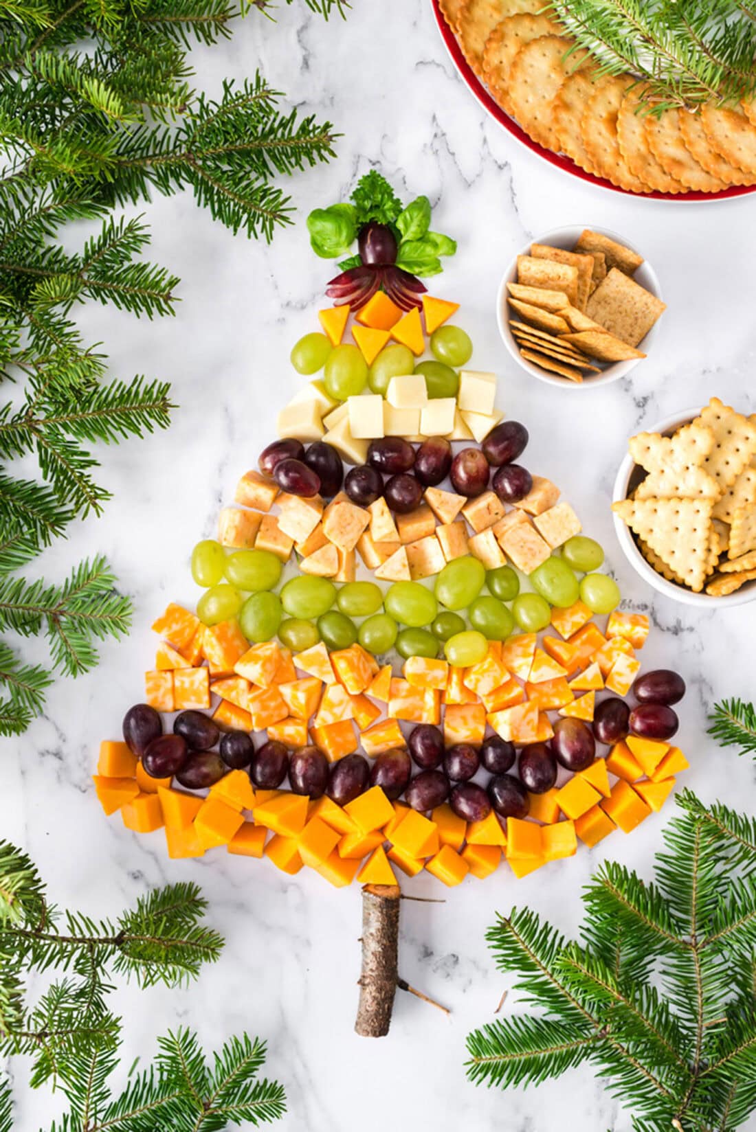 Overhead photo of a Christmas Tree Cheese Platter