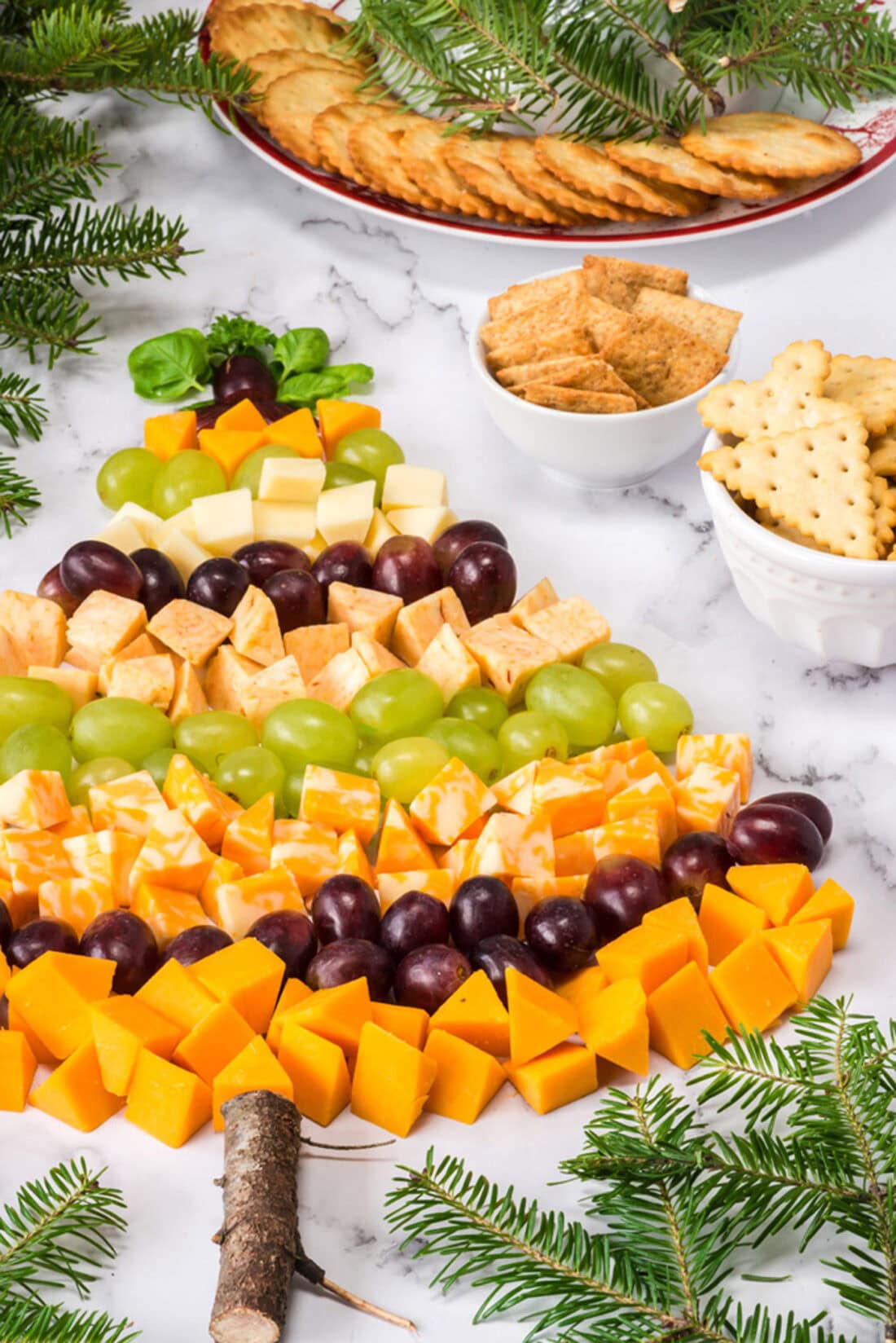 Close up photo of a Christmas Tree Cheese Platter