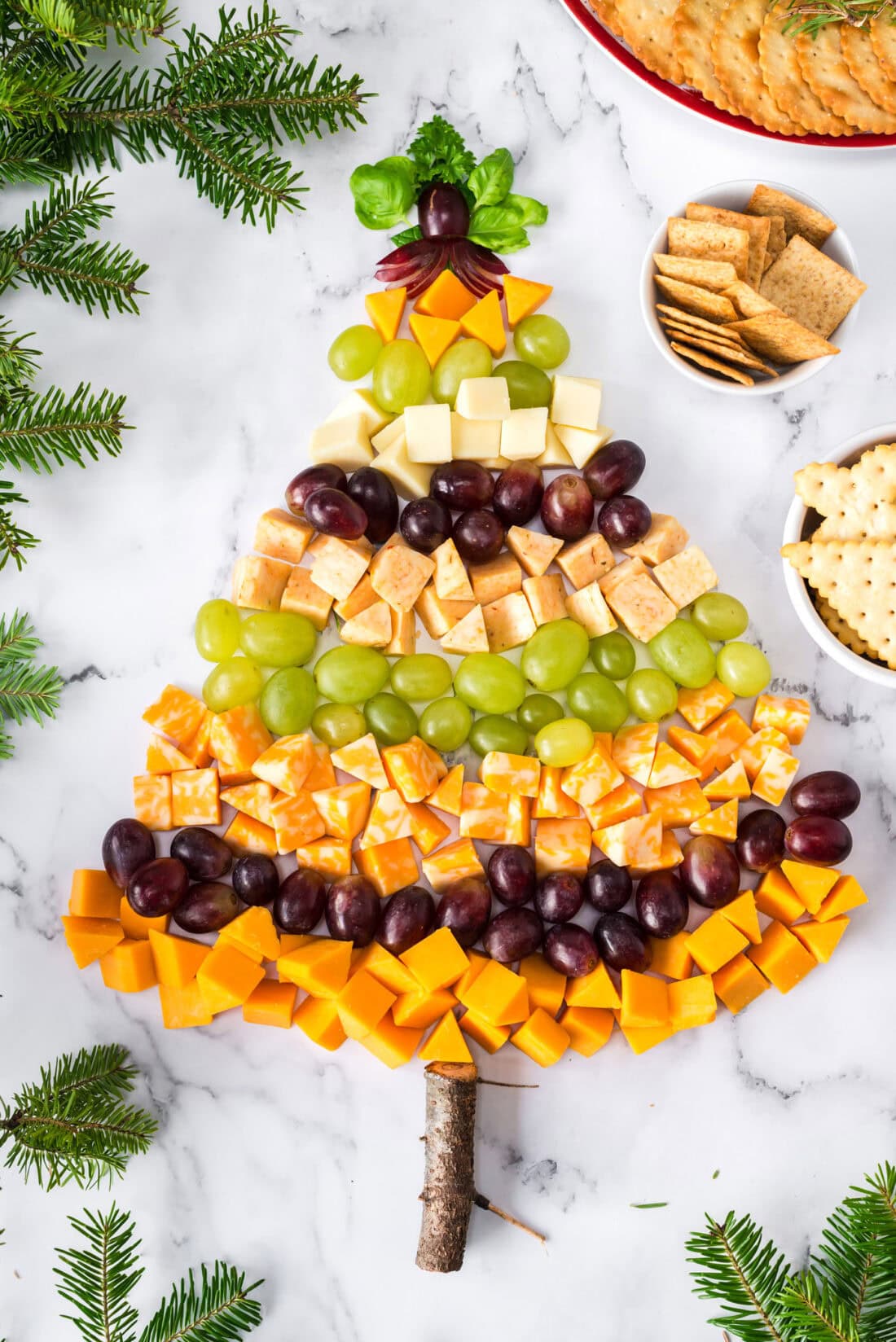 Overhead photo of a Christmas Tree Cheese Platter