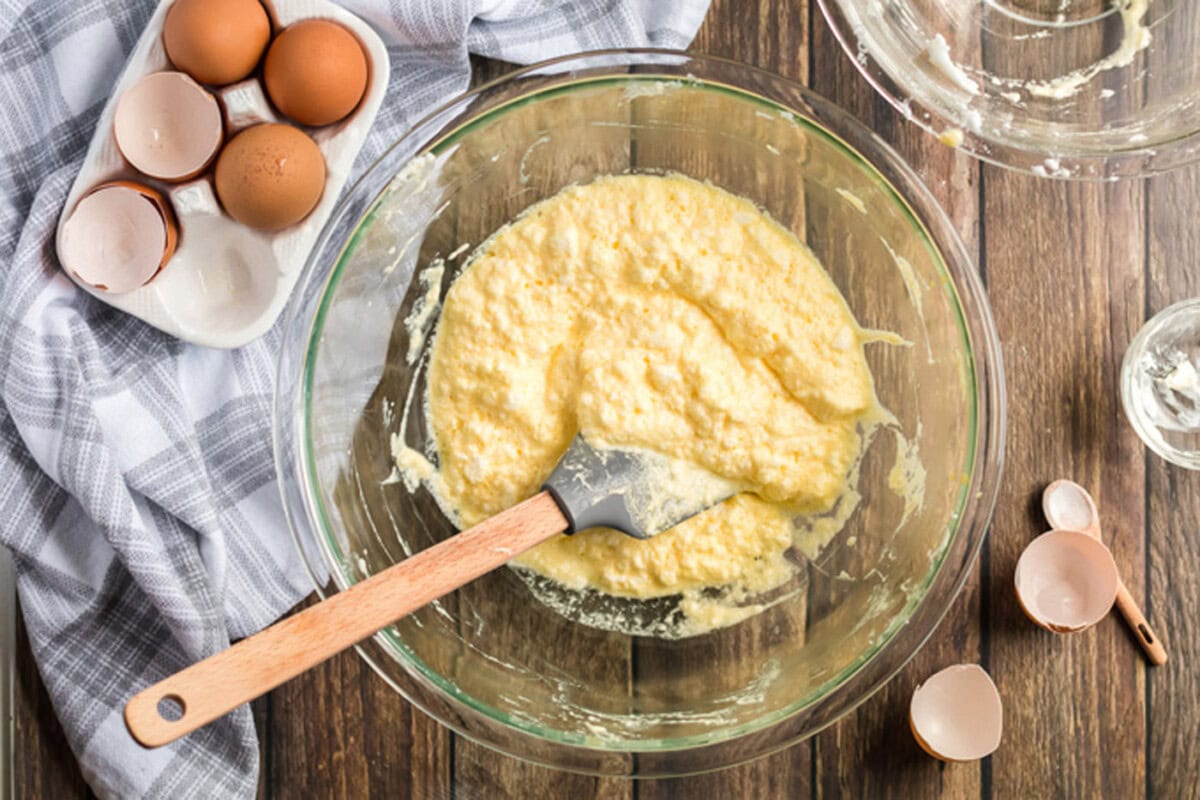 Cloud Bread mixture in a clear bowl