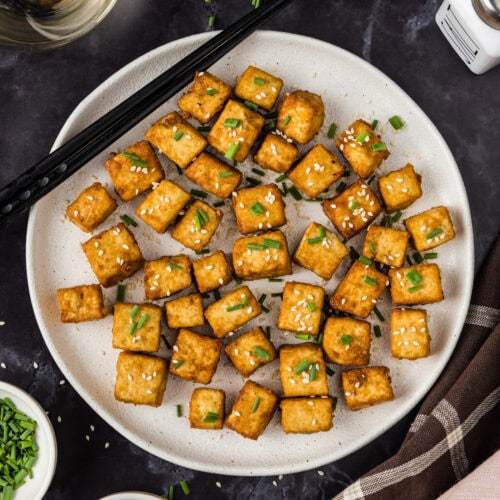 Close up photo of a plate of Fried Tofu