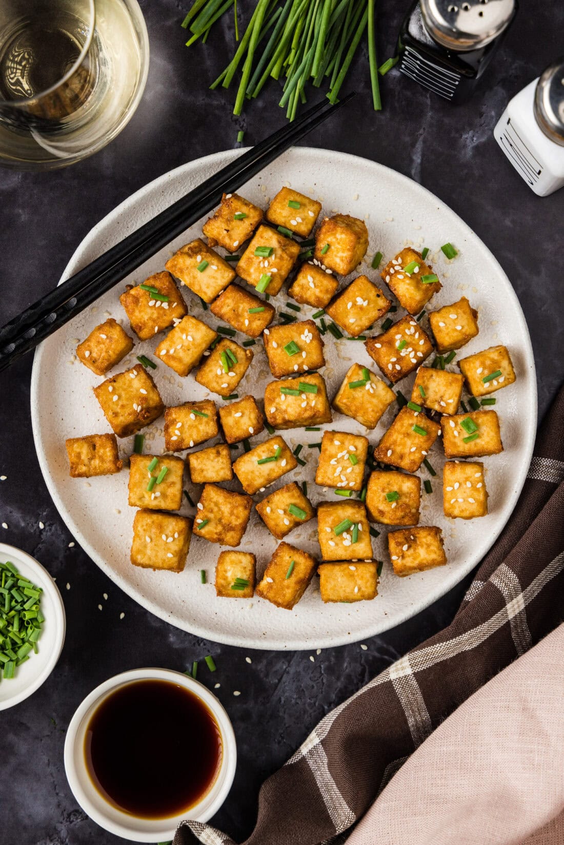 Plate of Fried Tofu with chopsticks resting on the plate