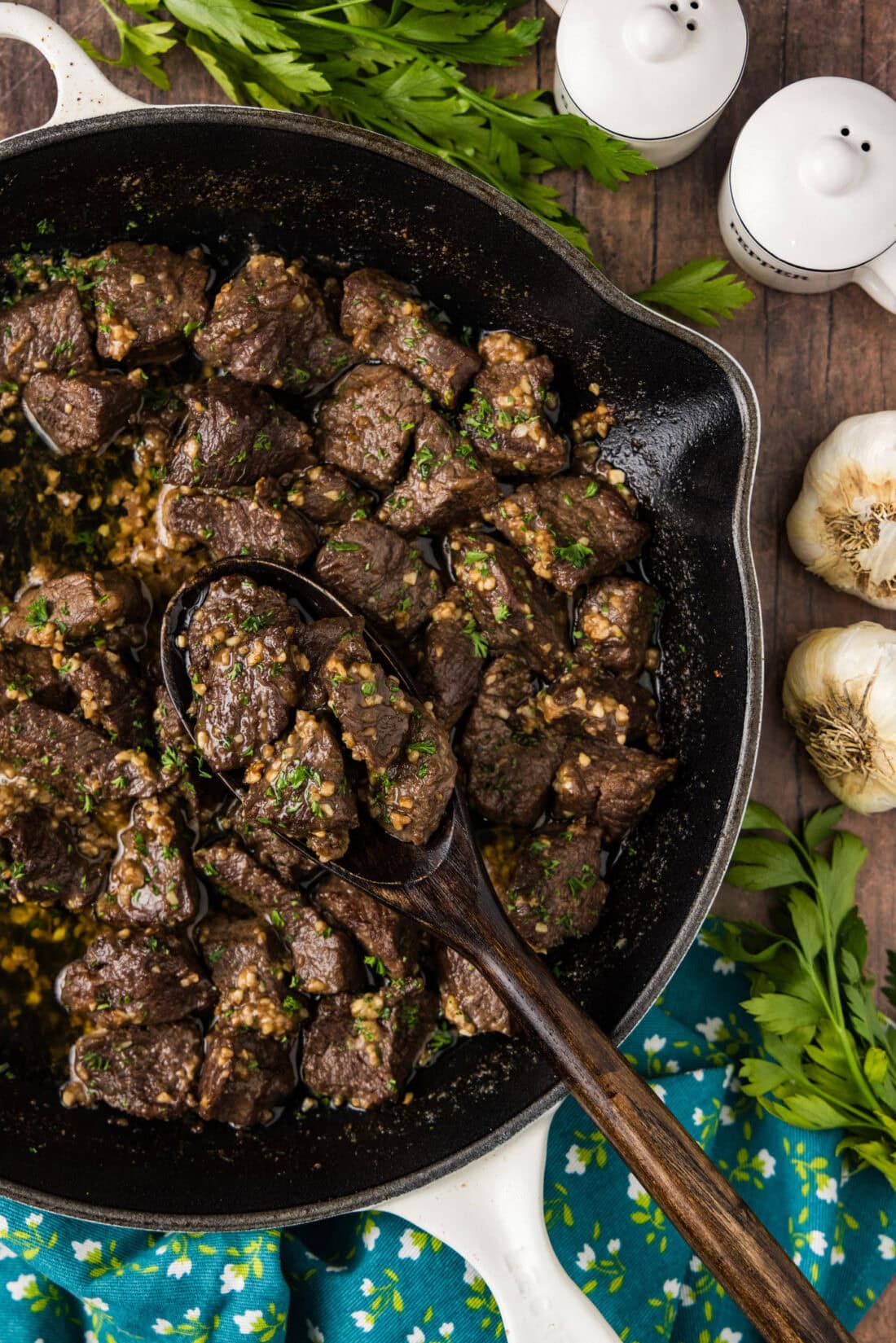 Close up photo of Garlic Butter Steak Bites in a skillet