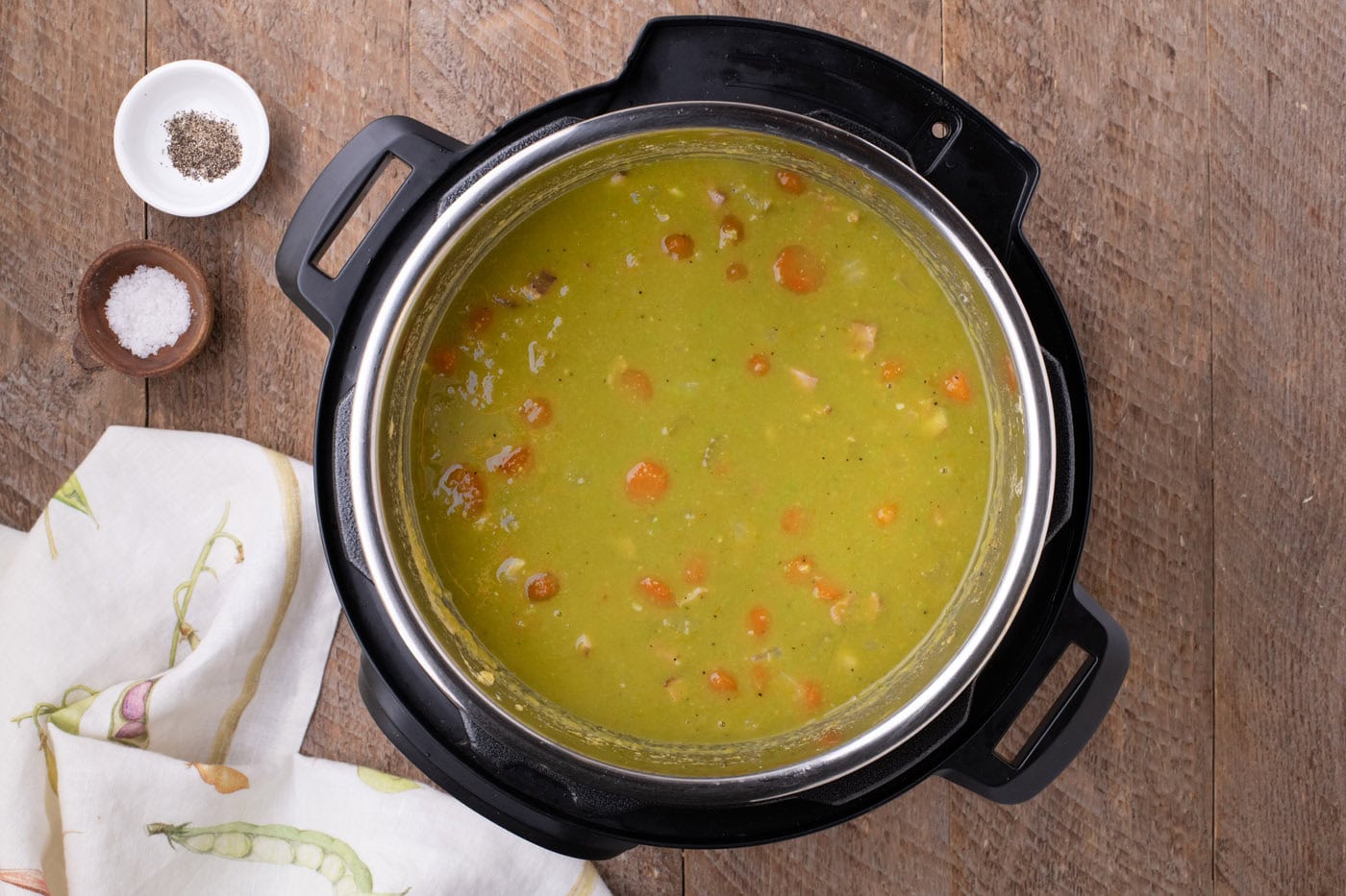 overhead of split pea soup in instant pot