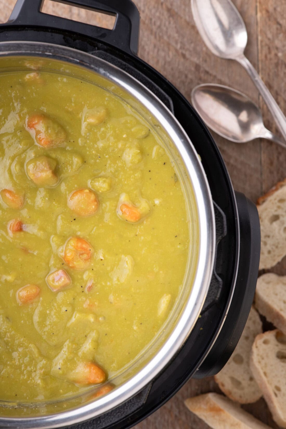 Close up photo of an Instant Pot full of Split Pea Soup