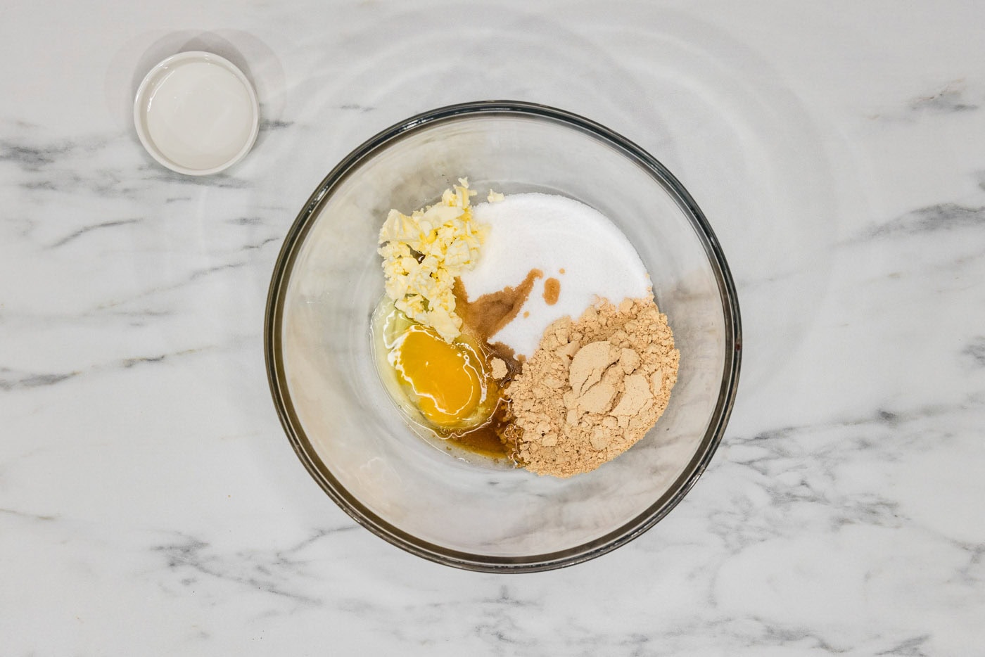 peanut butter powder, egg, vanilla, sugar substitute, and butter in a bowl