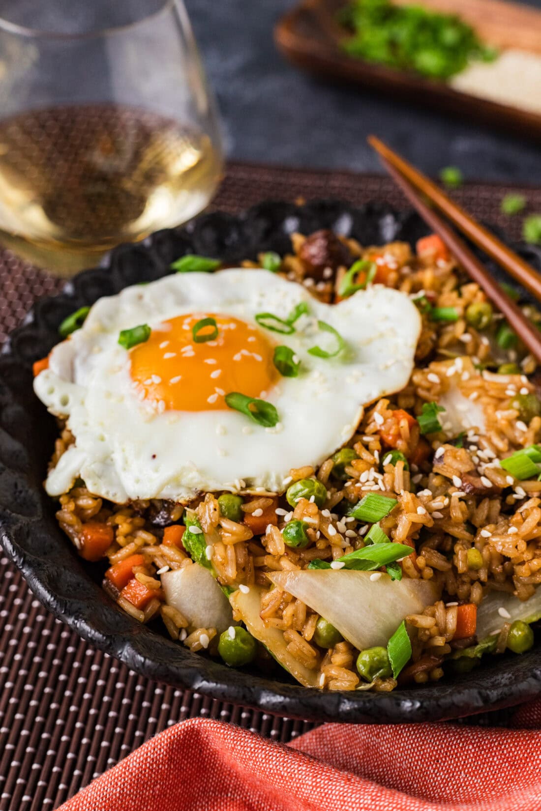 Close up side photo of a bowl of Korean Fried Rice