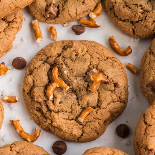 Close up photo of a Pretzel Chocolate Chip Cookie