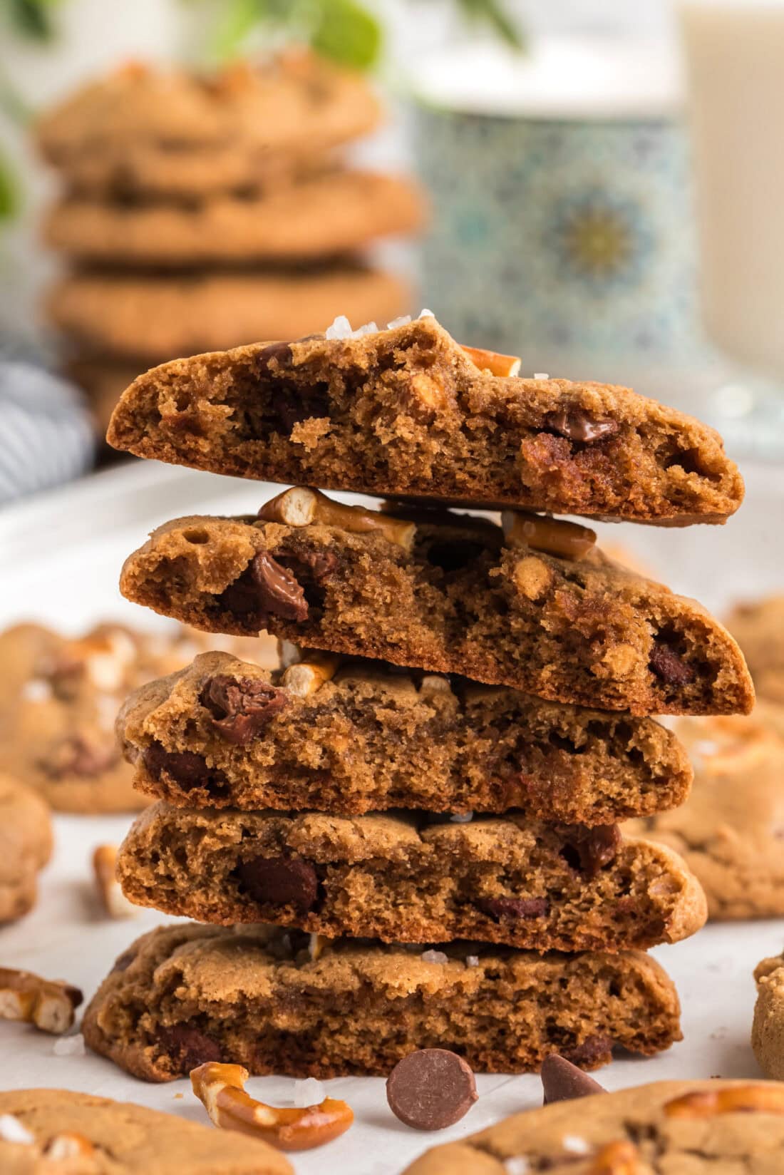 Stack of Pretzel Chocolate Chip Cookies cut in half