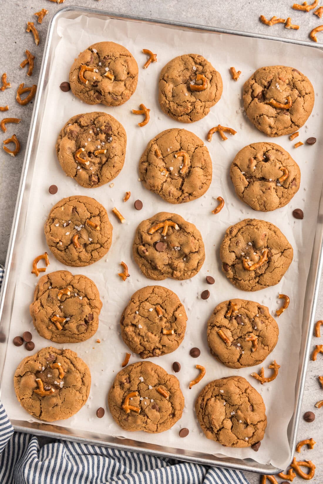 Pan of freshly baked Pretzel Chocolate Chip Cookies