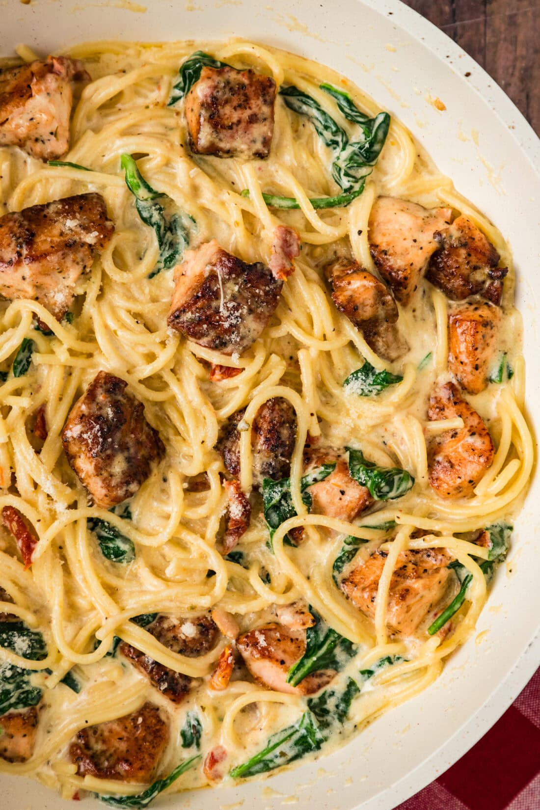 Close up photo of Salmon Pasta in a skillet