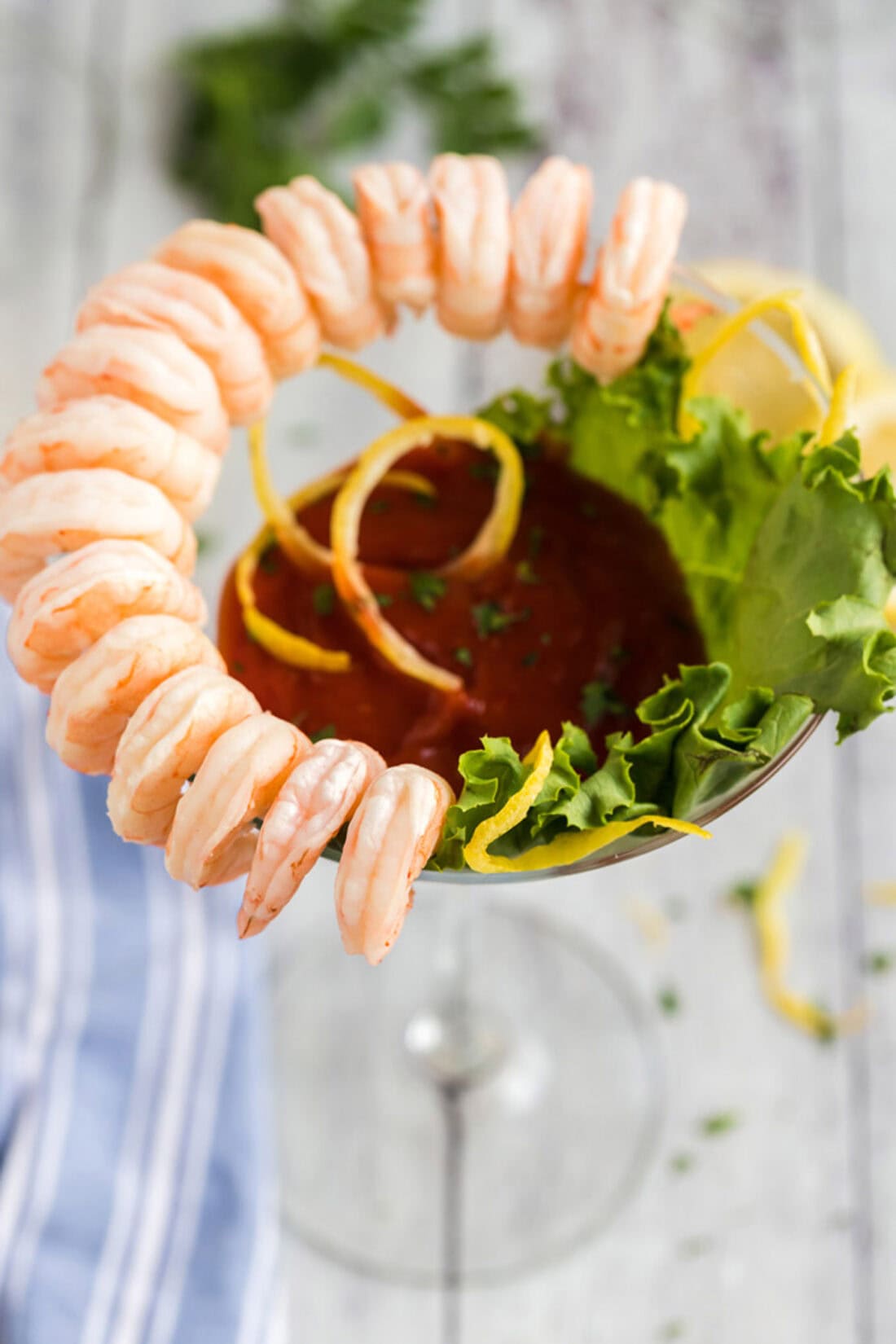 Close up photo of the top of a Shrimp Cocktail