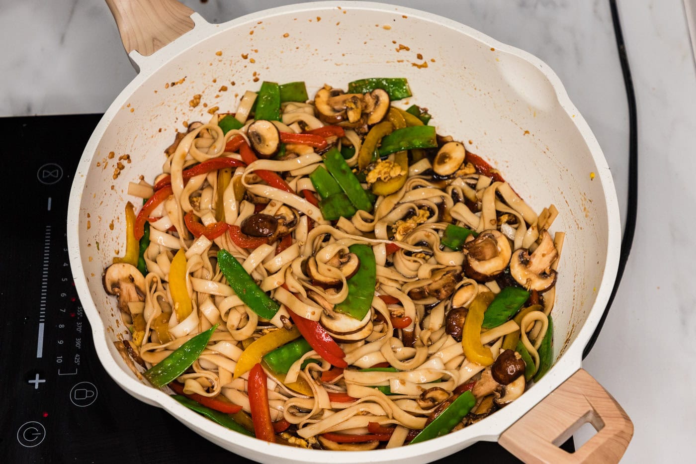 vegetable lo mein in a skillet