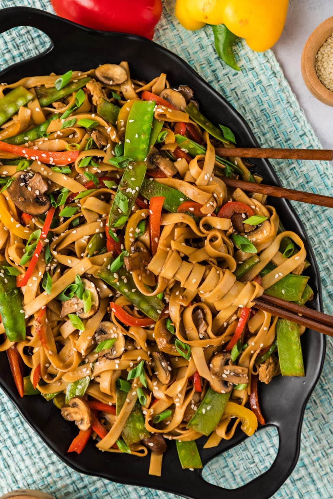 Platter of Vegetable Lo Mein with chopsticks resting in it