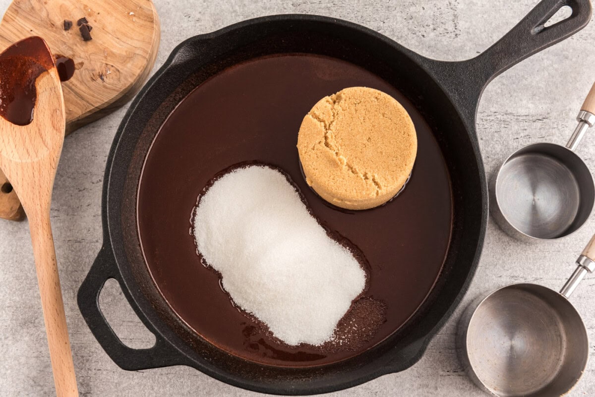 brown sugar and granulated sugar in chocolate mixture in skillet