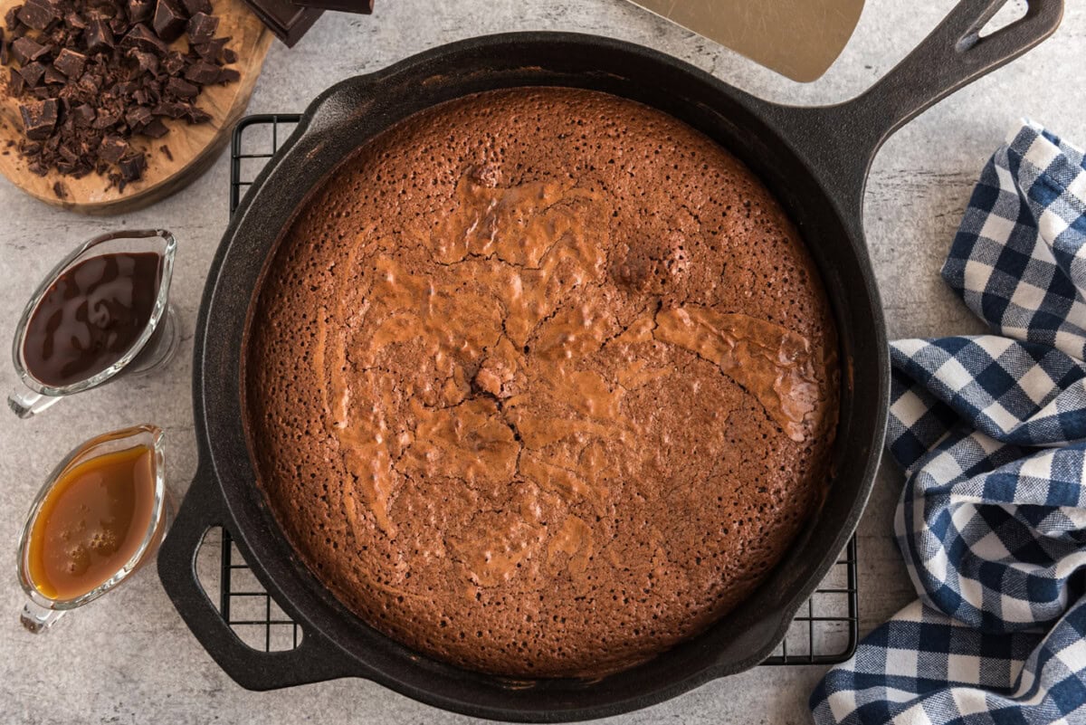 overhead shot of brownies in a cast iron skillet