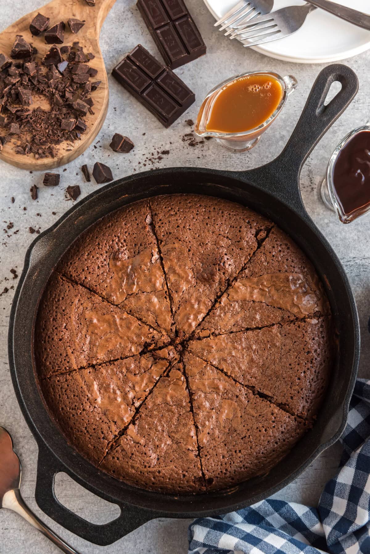 Brownies in a Cast Iron Skillet cut into slices