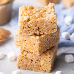 Close up photo of a stack of Peanut Butter Rice Krispie Treats