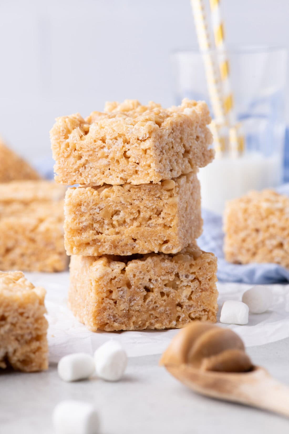 Stack of three Peanut Butter Rice Krispie Treats