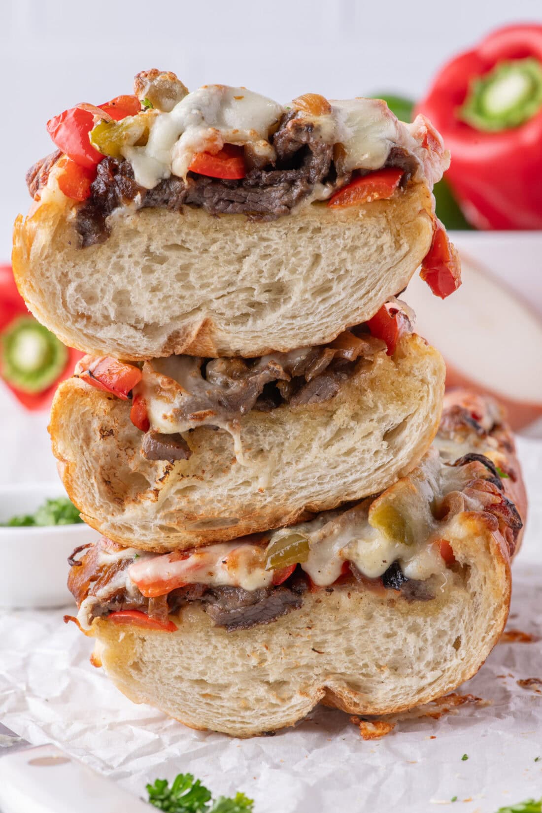 Stack of Philly Cheesesteak Cheesy Bread slices